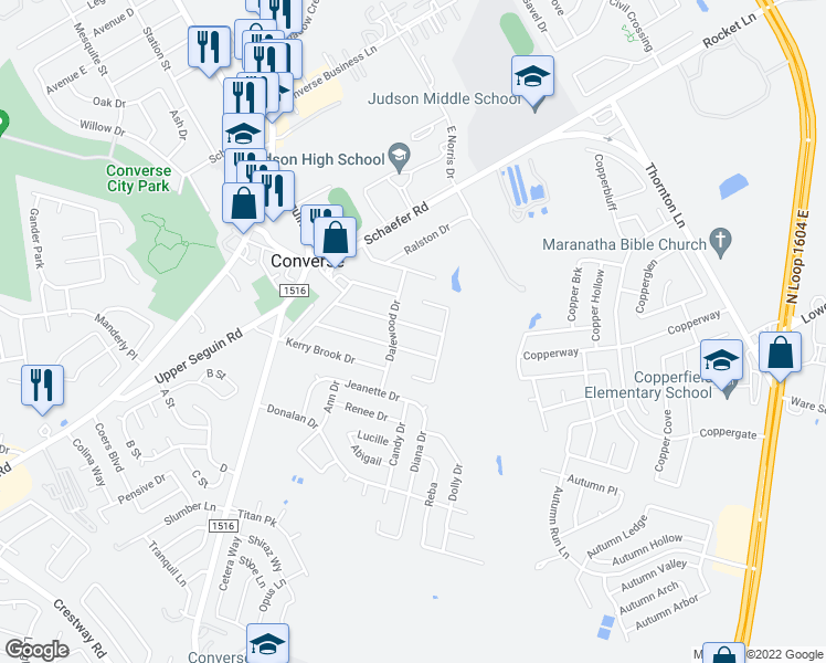 map of restaurants, bars, coffee shops, grocery stores, and more near 307 Royal Drive in Converse