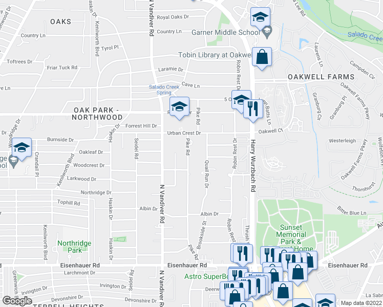map of restaurants, bars, coffee shops, grocery stores, and more near 446 Pike Road in San Antonio