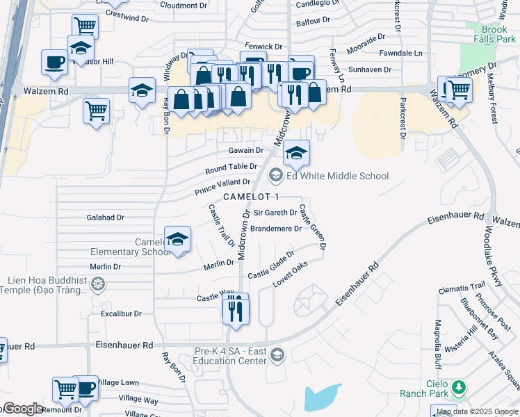 map of restaurants, bars, coffee shops, grocery stores, and more near 5614 Sir Gareth Drive in San Antonio