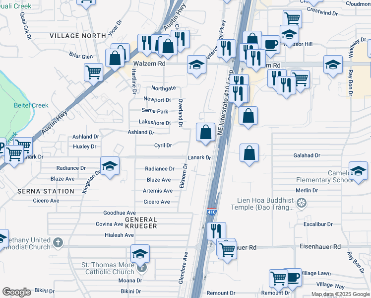 map of restaurants, bars, coffee shops, grocery stores, and more near 8635 Lanark Drive in San Antonio