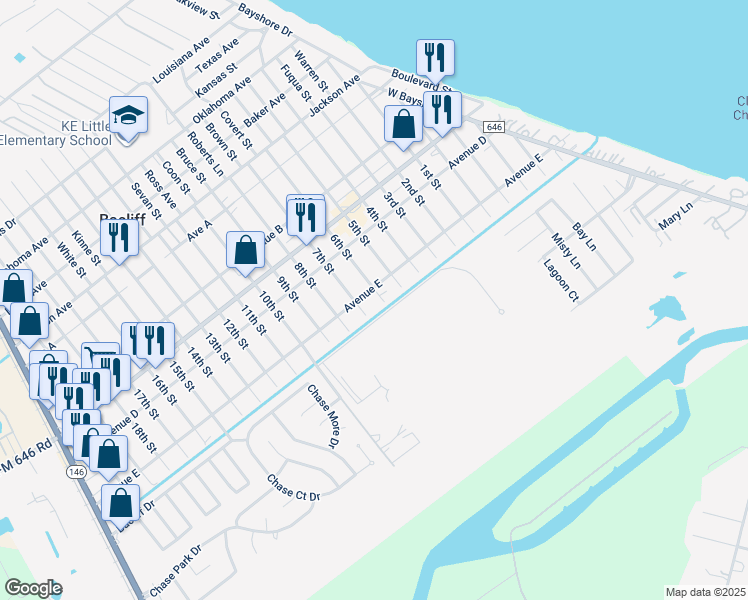 map of restaurants, bars, coffee shops, grocery stores, and more near 4827 7th Street in Bacliff