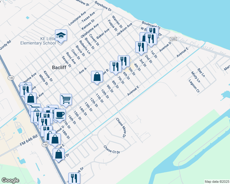 map of restaurants, bars, coffee shops, grocery stores, and more near 4720 9th Street in Bacliff