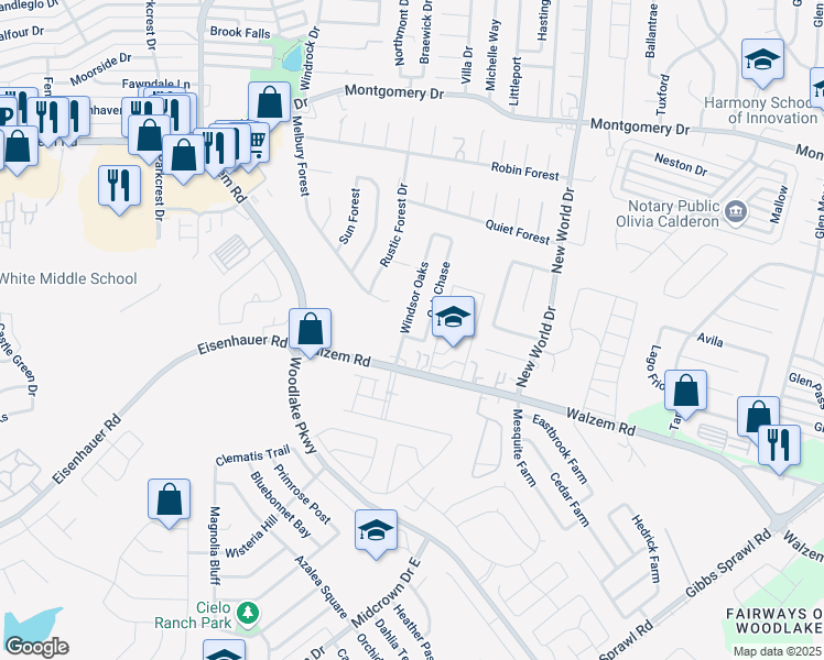 map of restaurants, bars, coffee shops, grocery stores, and more near 7503 Windsor Oaks in San Antonio