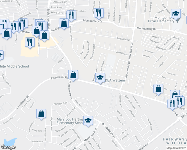 map of restaurants, bars, coffee shops, grocery stores, and more near 7503 Windsor Oaks in San Antonio