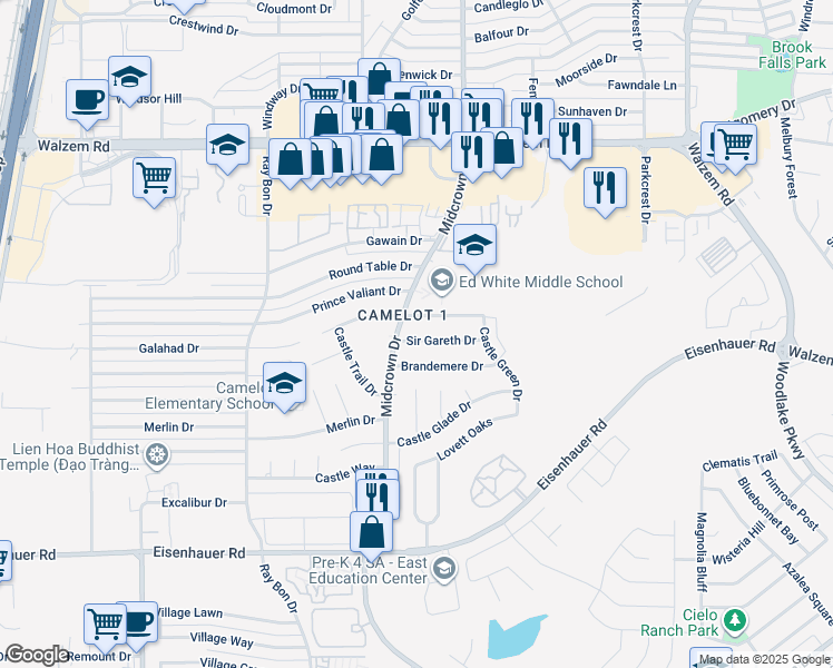 map of restaurants, bars, coffee shops, grocery stores, and more near 5614 Sir Gareth Drive in San Antonio