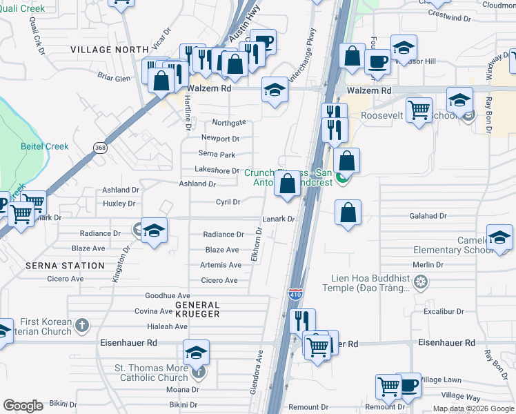 map of restaurants, bars, coffee shops, grocery stores, and more near 567 Lanark Drive in San Antonio