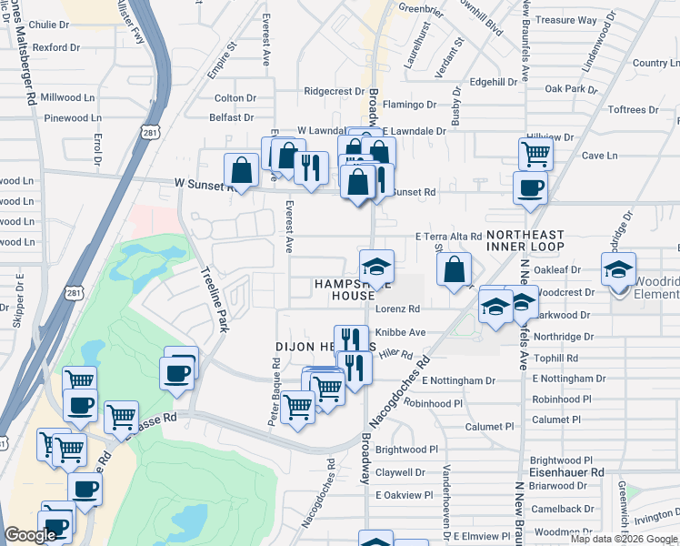 map of restaurants, bars, coffee shops, grocery stores, and more near 1725 Corita Street in San Antonio