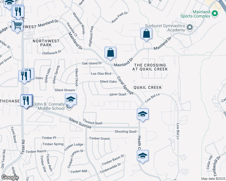 map of restaurants, bars, coffee shops, grocery stores, and more near 8639 Silver Quail in San Antonio