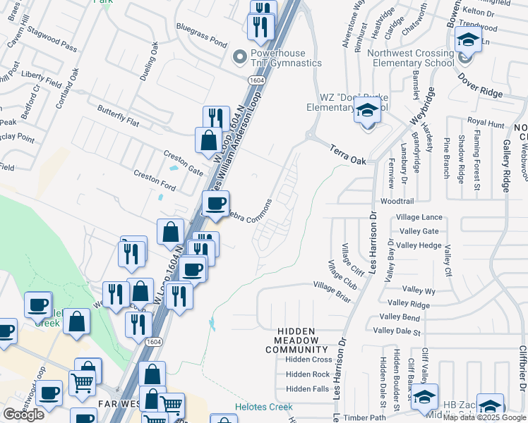map of restaurants, bars, coffee shops, grocery stores, and more near 75110 North Loop 1604 in San Antonio