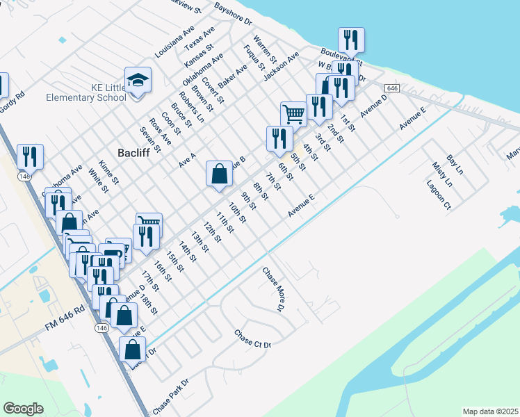 map of restaurants, bars, coffee shops, grocery stores, and more near 4721 9th Street in Bacliff