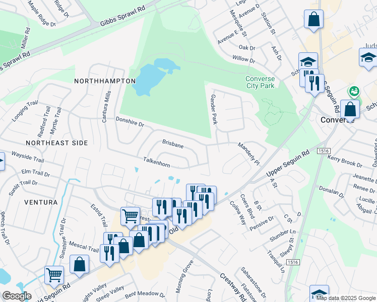 map of restaurants, bars, coffee shops, grocery stores, and more near 8226 Brisbane in Converse