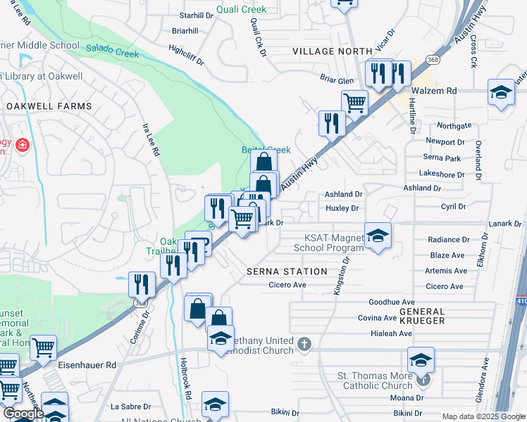 map of restaurants, bars, coffee shops, grocery stores, and more near 127 Lanark Drive in San Antonio