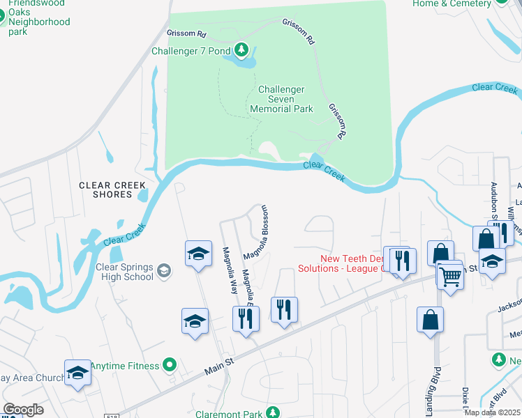 map of restaurants, bars, coffee shops, grocery stores, and more near 431 Magnolia Blossom in League City