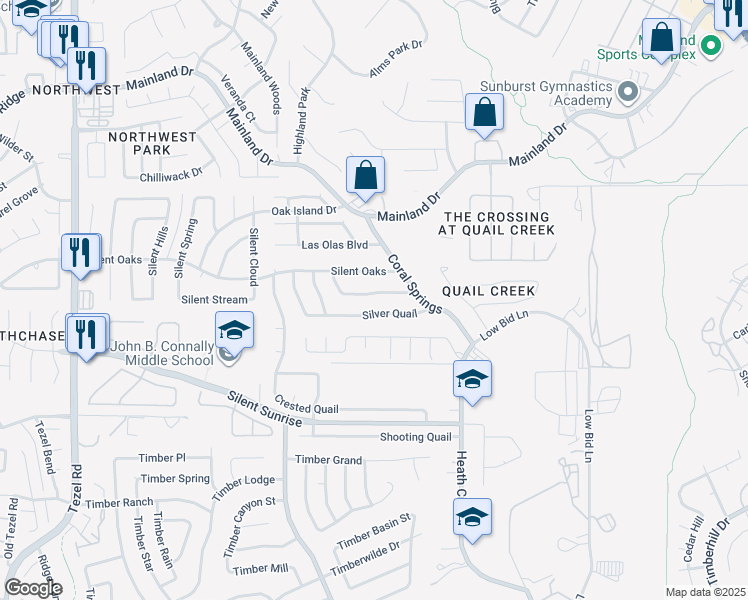 map of restaurants, bars, coffee shops, grocery stores, and more near 8639 Silver Quail in San Antonio