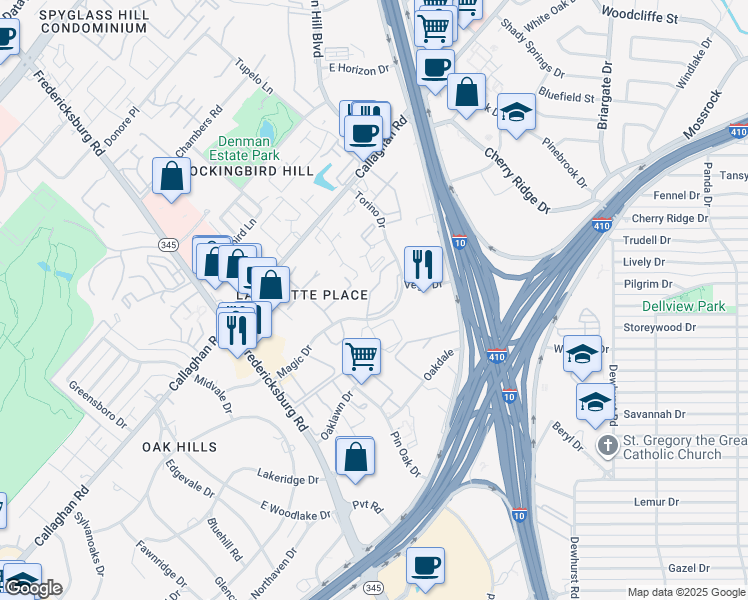 map of restaurants, bars, coffee shops, grocery stores, and more near 3601 Magic Drive in San Antonio