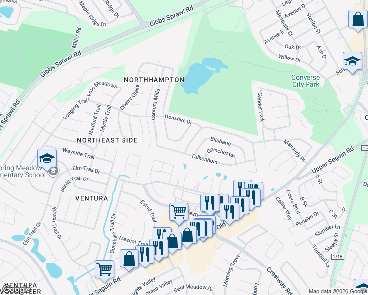 map of restaurants, bars, coffee shops, grocery stores, and more near 8002 Manderly Place in Converse