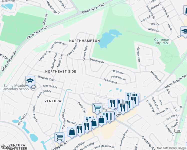 map of restaurants, bars, coffee shops, grocery stores, and more near 8018 Talkenhorn in Converse