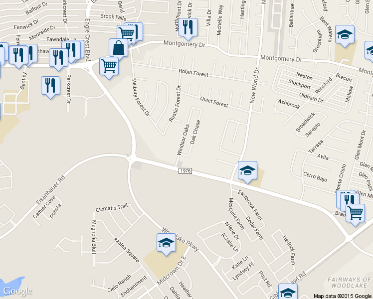 map of restaurants, bars, coffee shops, grocery stores, and more near 7510 Oak Chase in San Antonio