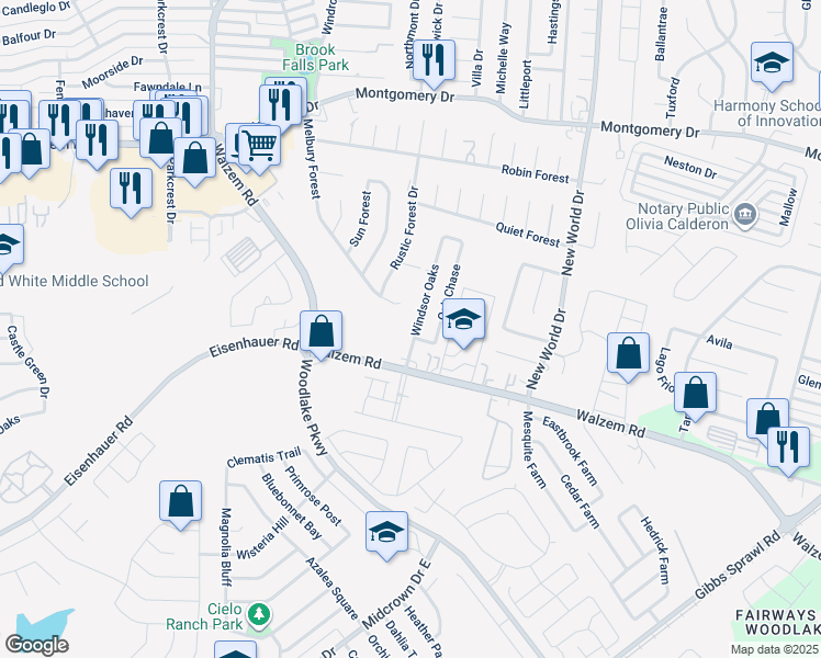 map of restaurants, bars, coffee shops, grocery stores, and more near 7503 Windsor Oaks in San Antonio