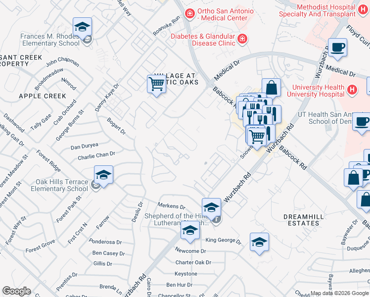 map of restaurants, bars, coffee shops, grocery stores, and more near 5406 Tomas Circle in San Antonio