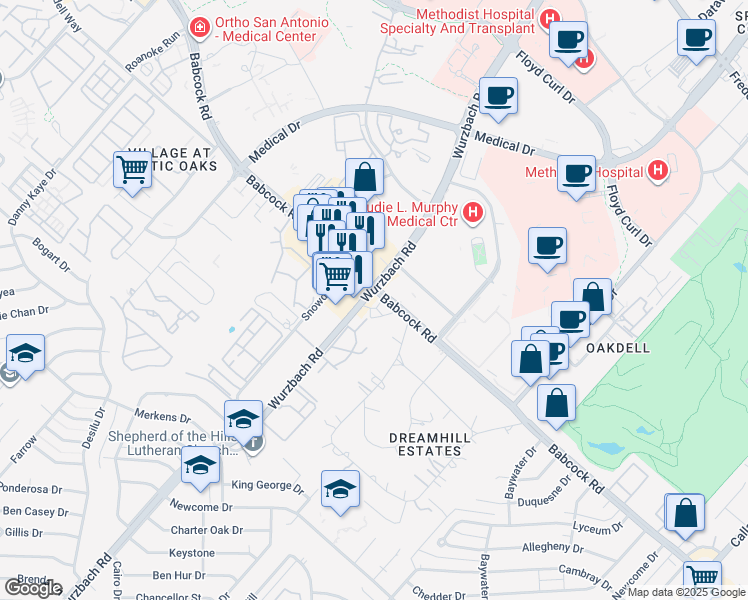 map of restaurants, bars, coffee shops, grocery stores, and more near Unnamed Road in San Antonio