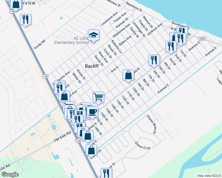 map of restaurants, bars, coffee shops, grocery stores, and more near 4445 13th Street in Bacliff
