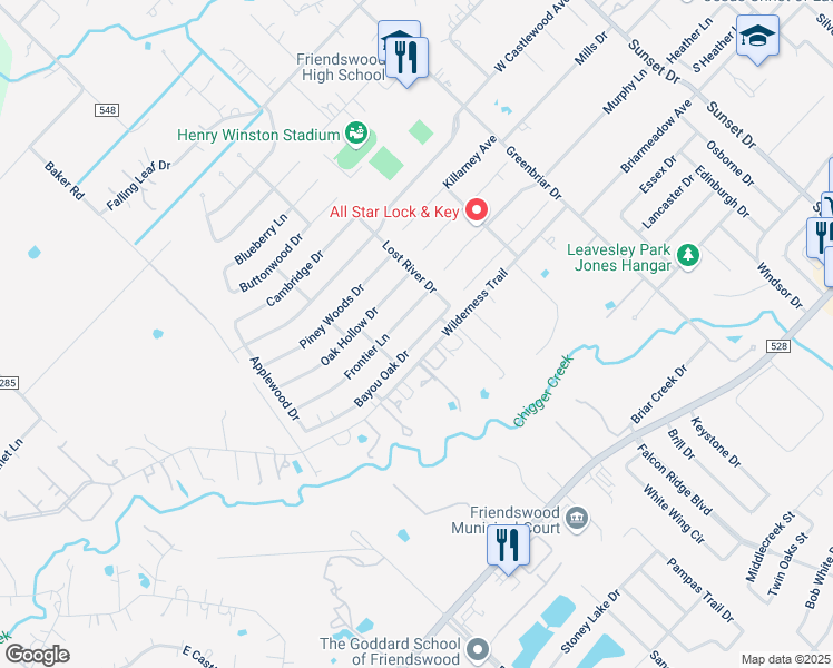 map of restaurants, bars, coffee shops, grocery stores, and more near 1301 Bayou Oak Drive in Friendswood