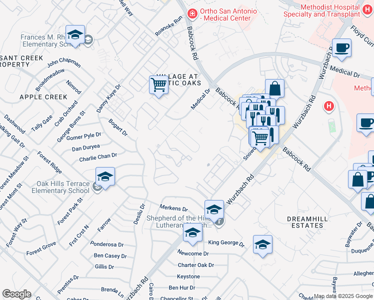 map of restaurants, bars, coffee shops, grocery stores, and more near 5406 Tomas Circle in San Antonio
