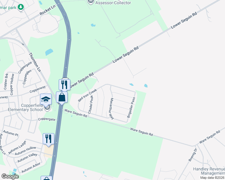 map of restaurants, bars, coffee shops, grocery stores, and more near 10122 Macarthur Way in Converse