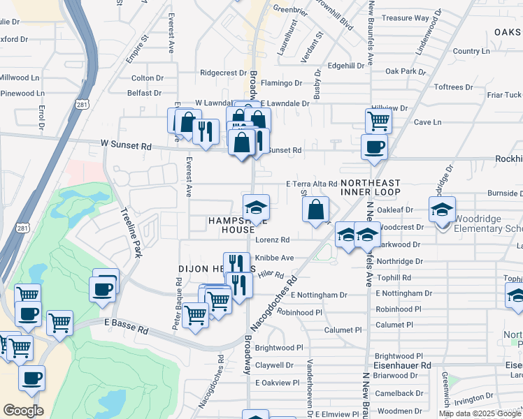 map of restaurants, bars, coffee shops, grocery stores, and more near 7834 Broadway in San Antonio