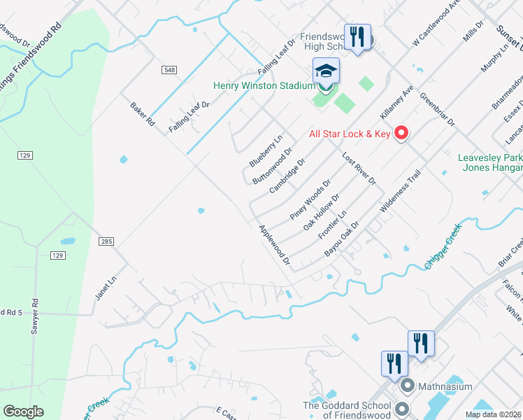 map of restaurants, bars, coffee shops, grocery stores, and more near 800 Applewood Drive in Friendswood