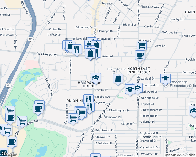 map of restaurants, bars, coffee shops, grocery stores, and more near 7834 Broadway in San Antonio