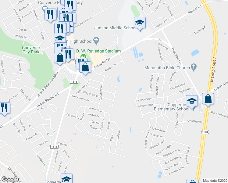 map of restaurants, bars, coffee shops, grocery stores, and more near 314 Royal Drive in Converse