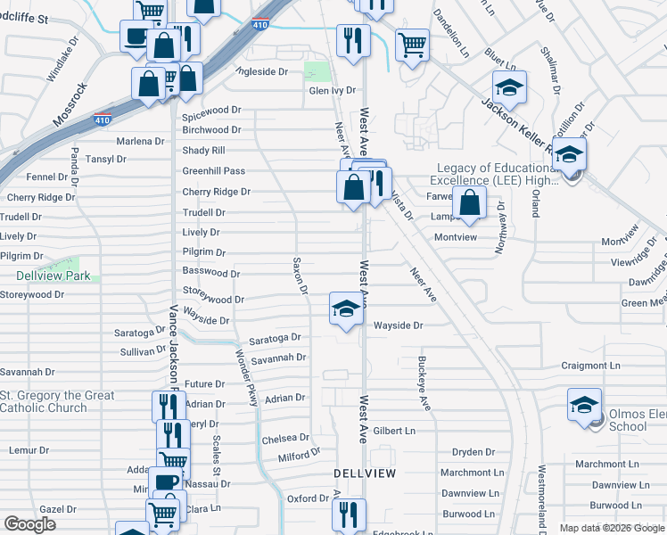 map of restaurants, bars, coffee shops, grocery stores, and more near 130 Basswood Drive in San Antonio