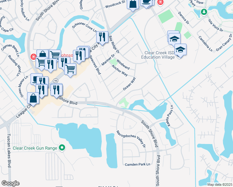 map of restaurants, bars, coffee shops, grocery stores, and more near 2905 Ocean Way in League City