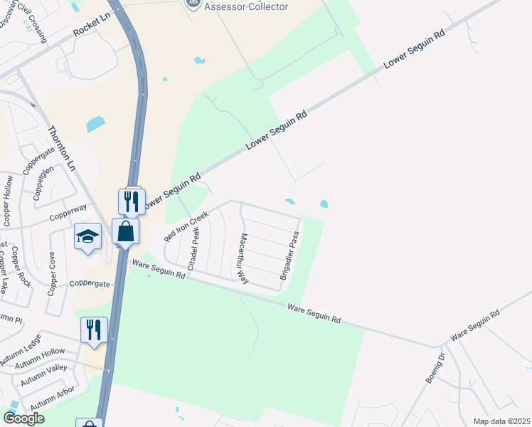 map of restaurants, bars, coffee shops, grocery stores, and more near 10435 Dakota River in Converse