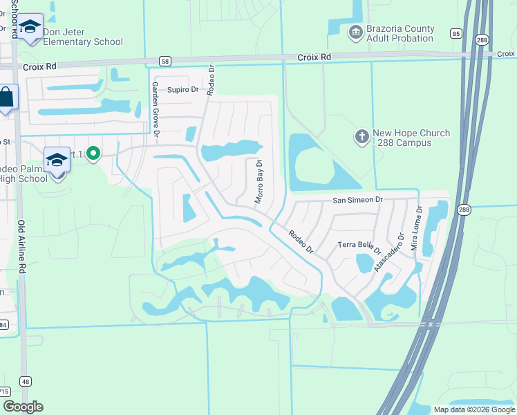 map of restaurants, bars, coffee shops, grocery stores, and more near 2 Morro Bay Drive in Manvel