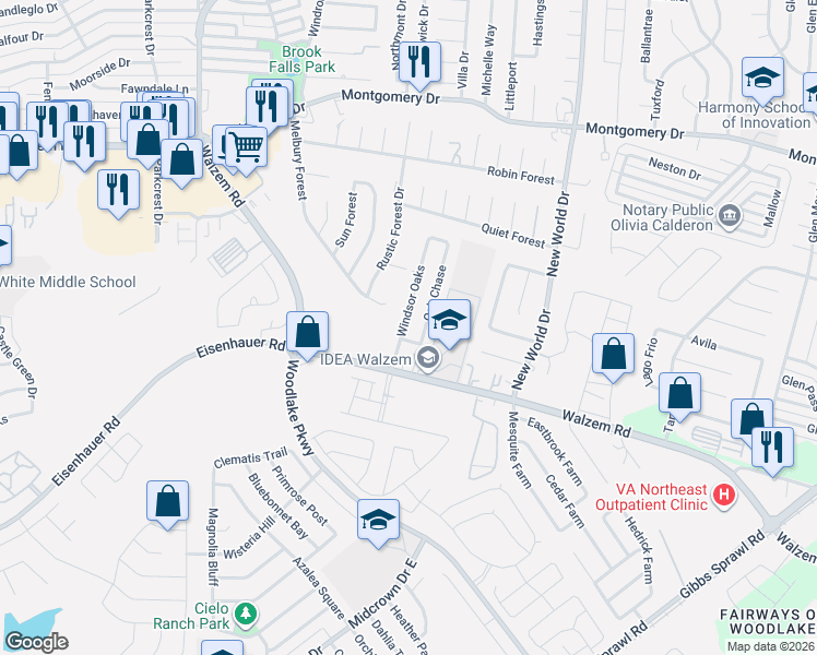 map of restaurants, bars, coffee shops, grocery stores, and more near 7503 Windsor Oaks in San Antonio