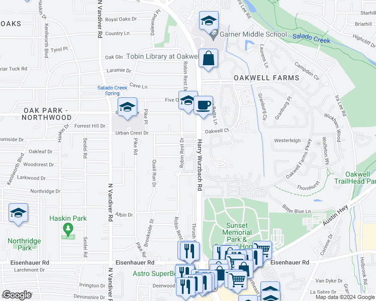 map of restaurants, bars, coffee shops, grocery stores, and more near 3230 Oakleaf Drive in San Antonio