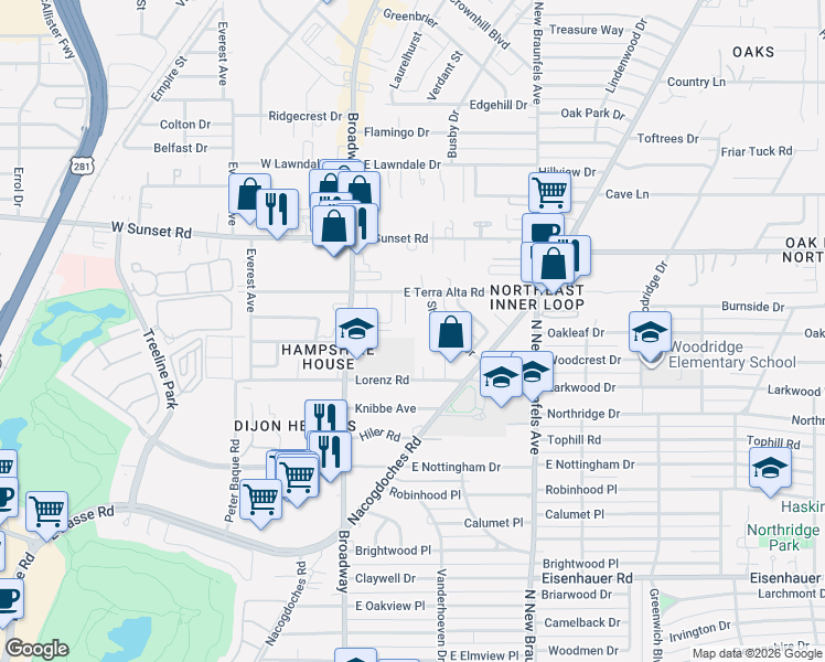 map of restaurants, bars, coffee shops, grocery stores, and more near 7603 Vinewood Court in San Antonio