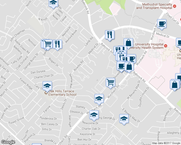 map of restaurants, bars, coffee shops, grocery stores, and more near 5406 Tomas Circle in San Antonio