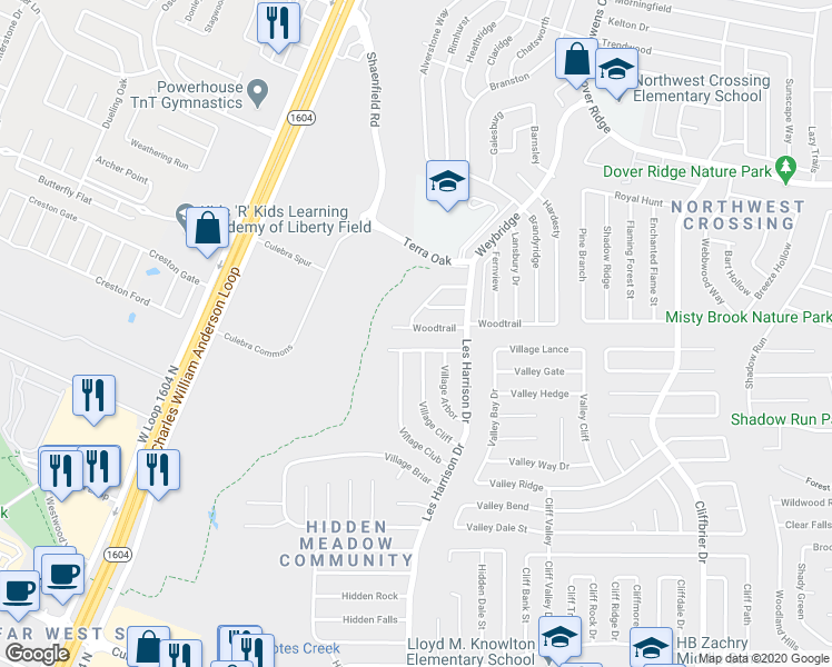 map of restaurants, bars, coffee shops, grocery stores, and more near 10154 Woodtrail in San Antonio