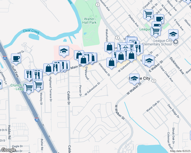 map of restaurants, bars, coffee shops, grocery stores, and more near 215 Oakwood Street in League City
