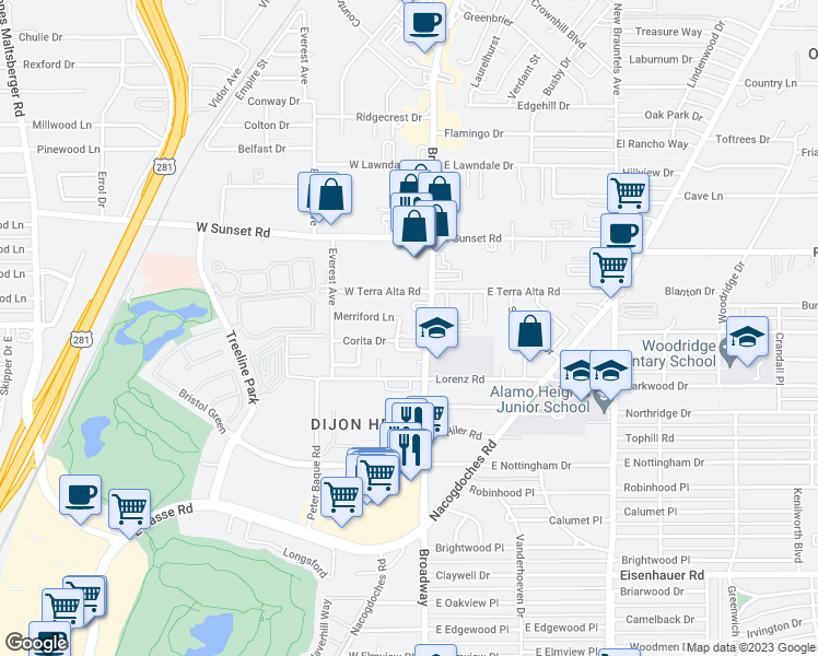 map of restaurants, bars, coffee shops, grocery stores, and more near 7887 Broadway Street in San Antonio