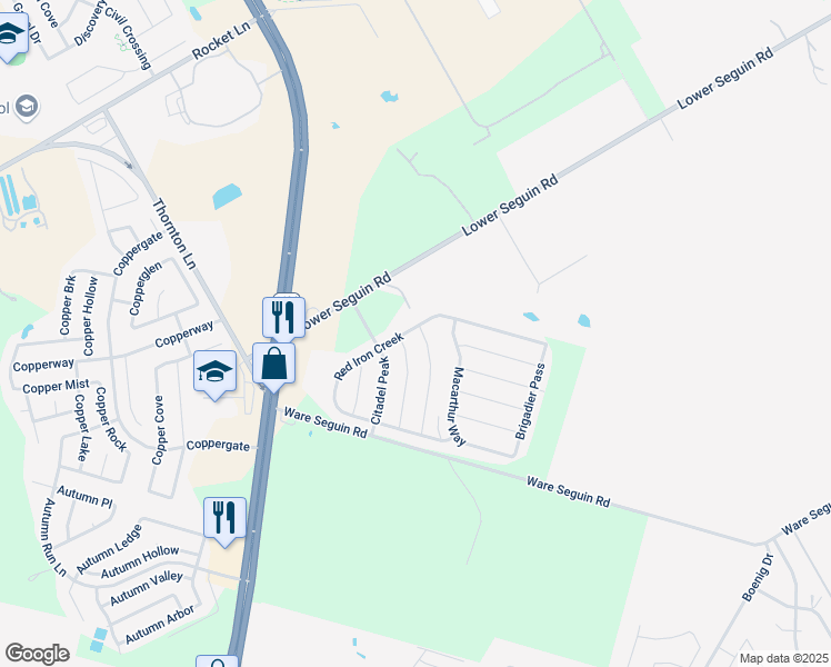 map of restaurants, bars, coffee shops, grocery stores, and more near 7722 Brisbane Bend in Converse