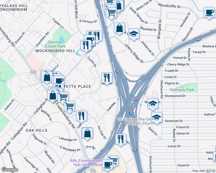 map of restaurants, bars, coffee shops, grocery stores, and more near North Interstate Highway 35 in San Antonio