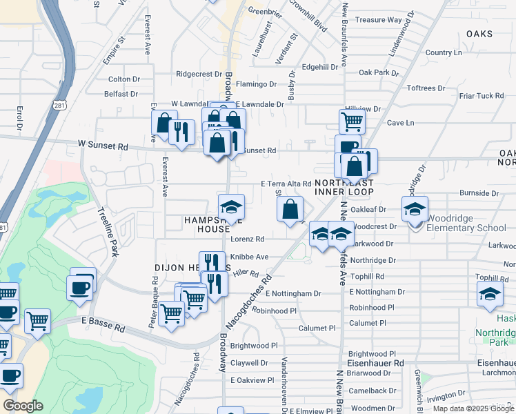 map of restaurants, bars, coffee shops, grocery stores, and more near 7603 Vinewood Court in San Antonio