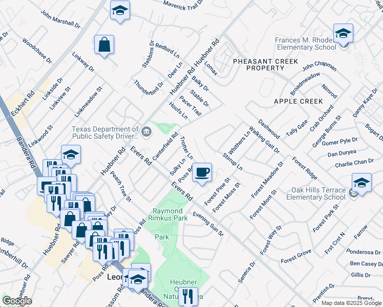 map of restaurants, bars, coffee shops, grocery stores, and more near 7239 Poss Road in San Antonio