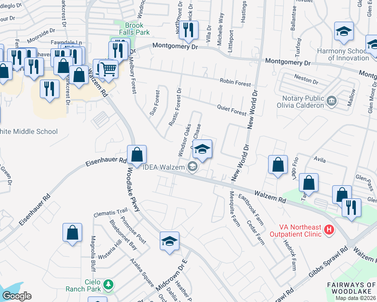 map of restaurants, bars, coffee shops, grocery stores, and more near 7527 Oak Chase in San Antonio