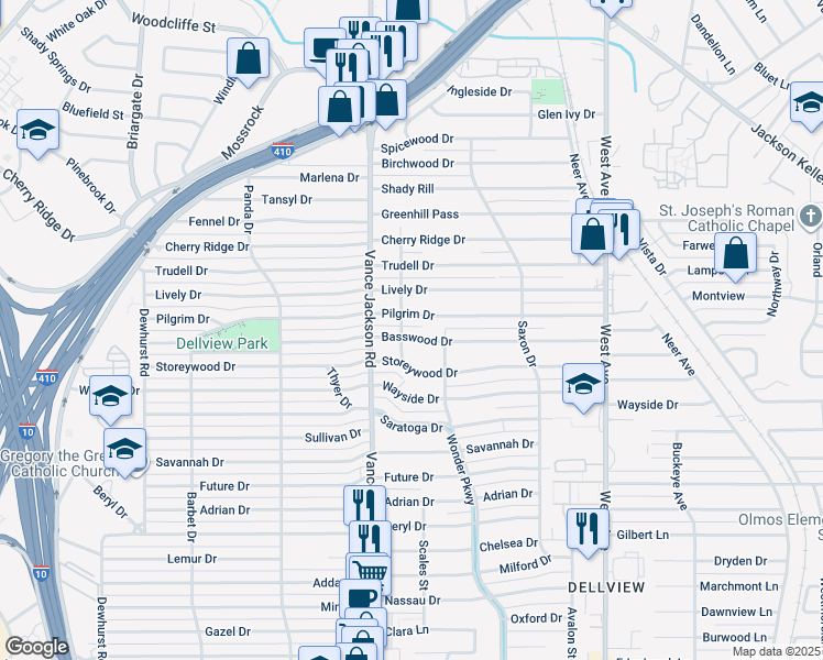 map of restaurants, bars, coffee shops, grocery stores, and more near 102 Deneice Drive in San Antonio
